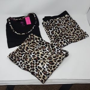 Betsey Johnson 3 Piece Pajama Lounge Set Tank Top Shorts Leopard Size XXL NWT
